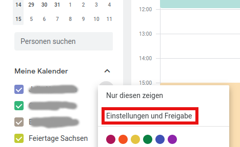 Kalender - Einstellungen und Freigabe auswählen